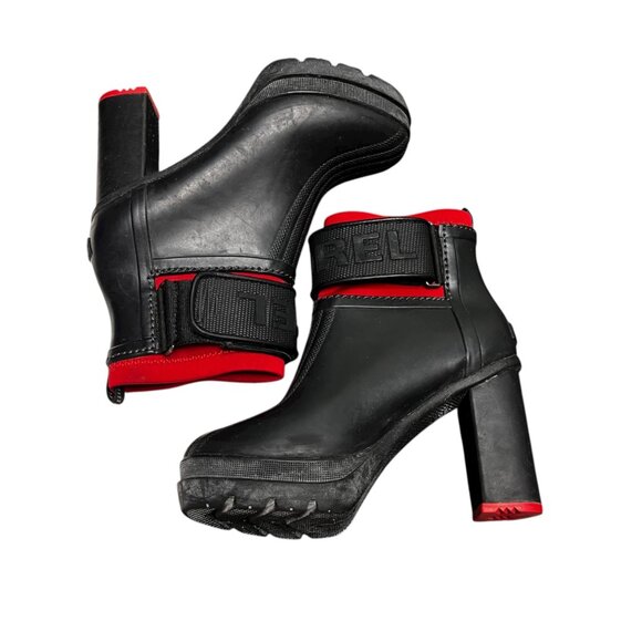 Sorel Black Red Rubber Block Heel Ankle Boots Medina 7 Goth Grunge Whimsigoth - Picture 8 of 16